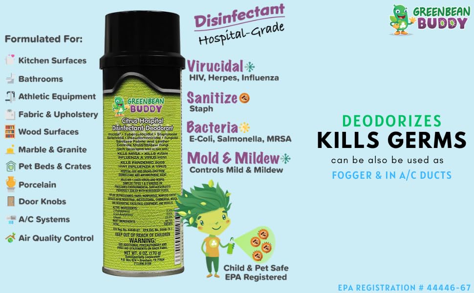 Green Bean Buddy Hospital Grade Disinfectant Flu Spray, Tubercilocidal, Herpes Spray, Staph Infection, HIV, Mold Control, All Surface Sanitizer, 20oz
