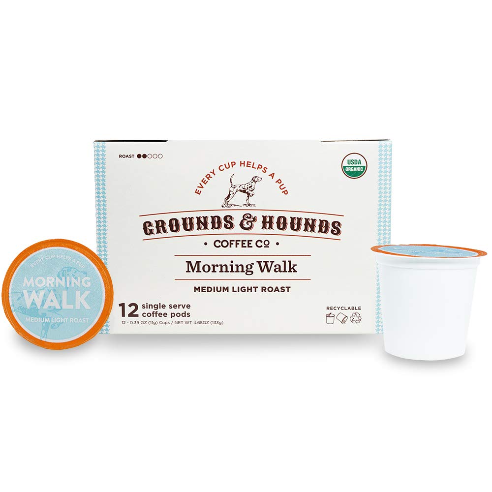 Grounds & Hounds Single Serve Organic Coffee Pods - Medium Roast Coffee K Cups, Recyclable Coffee Pods, Morning Walk Blend, 12 Count