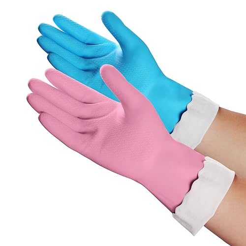 HSL Household Cleaning Gloves - 2 Pairs Reusable Kitchen Dishwashing Gloves with Latex Free, Cotton lining, Waterproof, Non-Slip, Ideal for Dishes