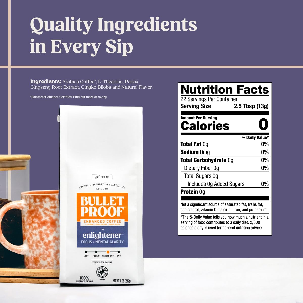 Bulletproof Enlightener Ground Coffee, Enhanced Coffee with L-Theanine, Panax Ginseng and Gingko Biloba, Supports Mental Clarity, Focus, and Memory