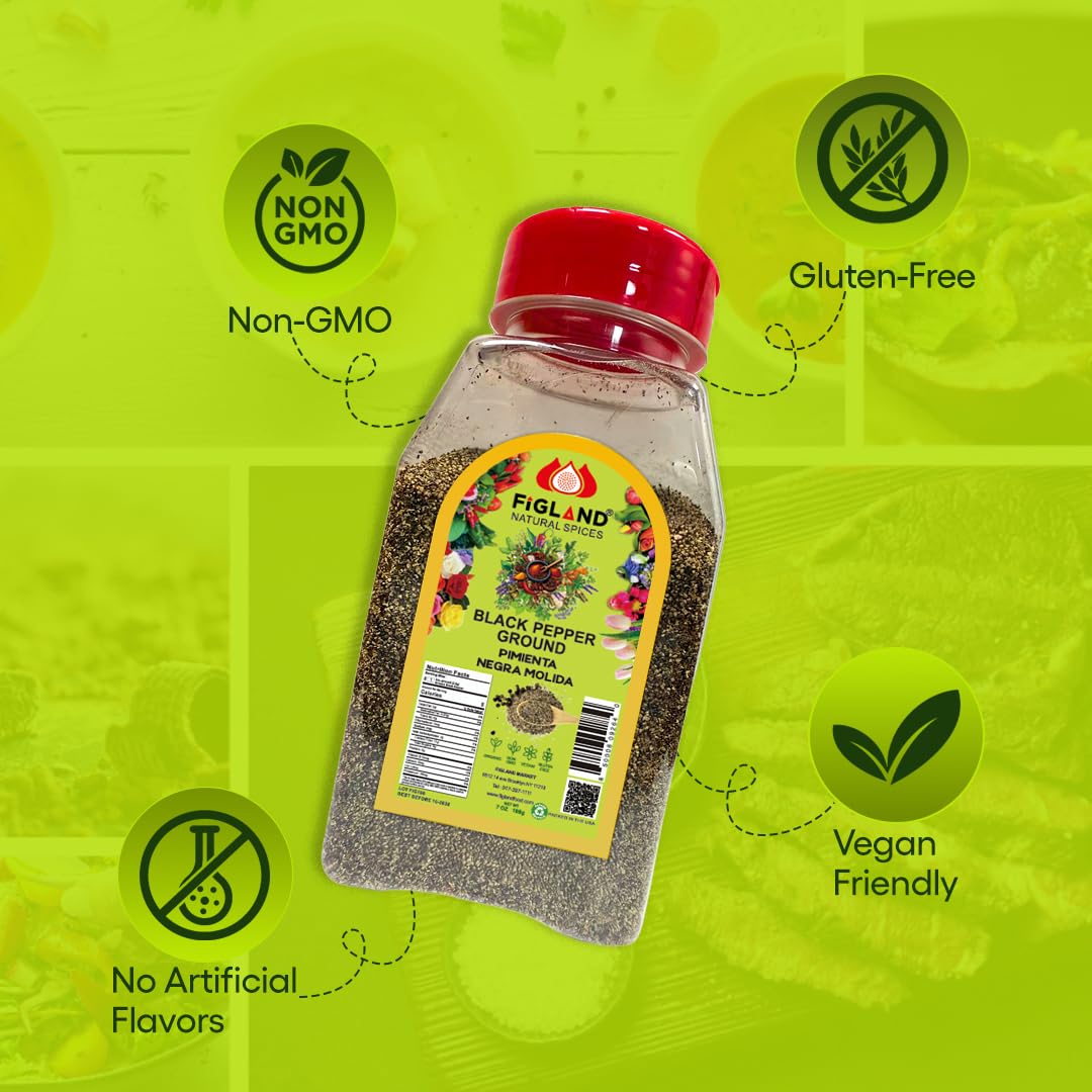 FIGLAND Natural Spices Black Pepper Ground | Pimienta Negra Molida 7 oz | Freshly Packed Fine Ground Pepper for Cooking, Seasoning & Marinades | 100%