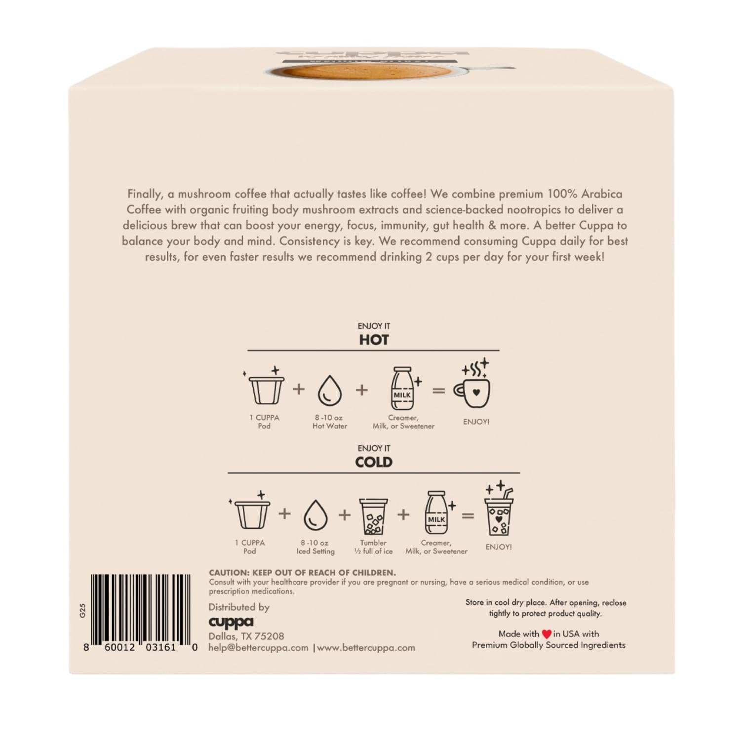 Cuppa Medium Roast Mushroom Coffee with Adaptogens & Superfoods - Lion’s Mane, Ashwagandha & Cordyceps. Adaptogens + MCT to support natural energy