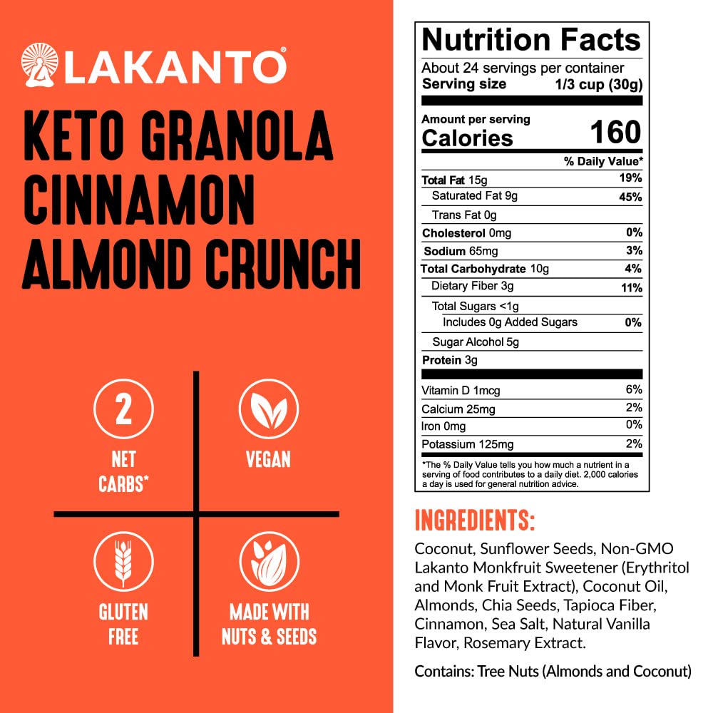 Lakanto Cinnamon Almond Crunch Granola - Monk Fruit Sweetener, Delicious Snack, Quick Breakfast Cereal, Keto Friendly, No Sugar Added, Vegan, Gluten