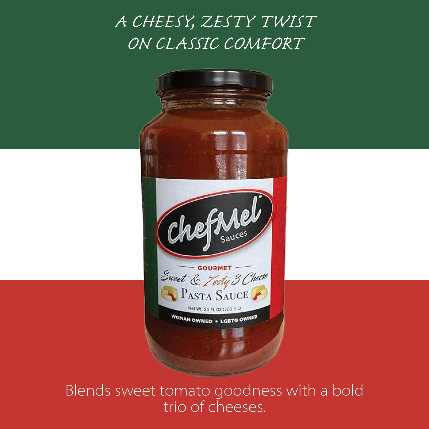 ChefMel’s Zesty Three Cheese Pasta Sauce - Creamy Sweet Tomato Sauce with a Bold Blend of Cheeses - Handcrafted in Small Batches - Gluten-Free - Great