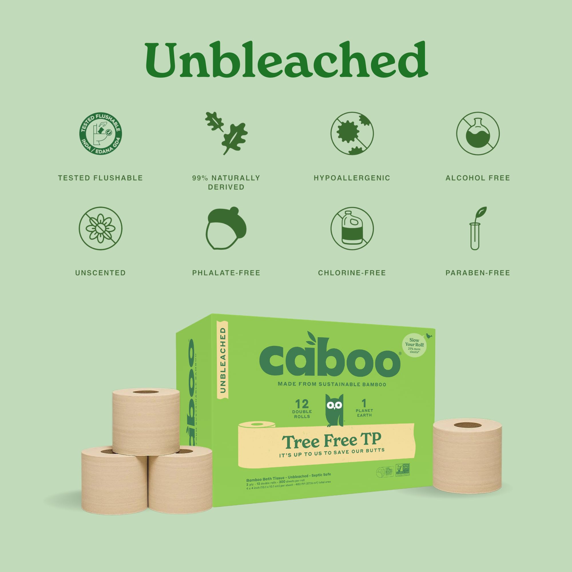 Caboo Tree Free Unbleached Toilet Paper | Plastic Free Packaging, Septic Safe, Eco Friendly, Chemical Free, Non Toxic | 2 Ply Toilet Tissue, Pack