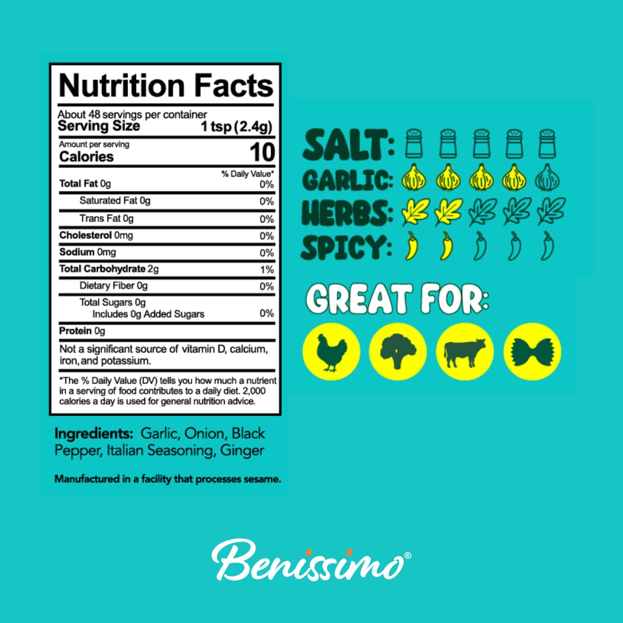 Benissimo Salt Free All Purpose Seasoning, Flake & Granule Blend for Meats, Poultry, Seafood, Vegetables, Potatoes & Everyday Cooking with Pet Shaker