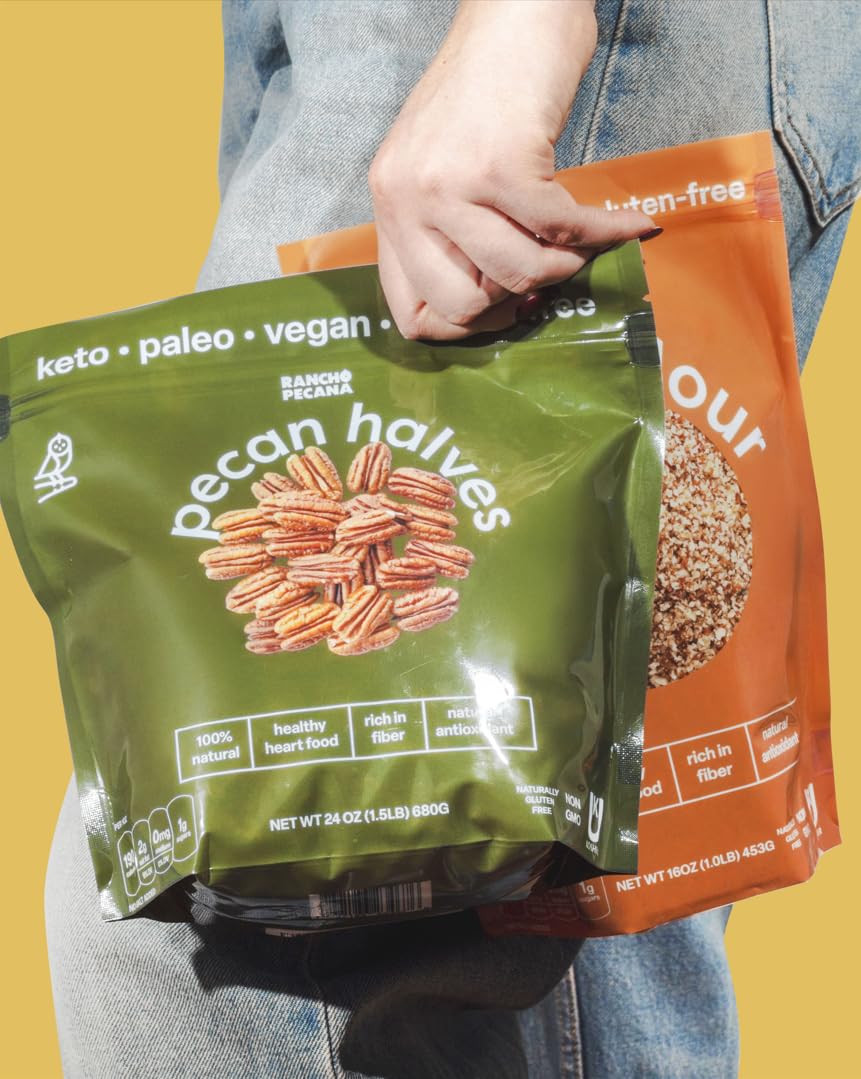 RANCHO PECANA - Natural Pecan Halves, 2 LB, Grain Free, Gluten Free, Non-GMO, Vegan Snack, Organic Nuts, Kosher, Keto, 3g Protein per 1 oz, Resealable