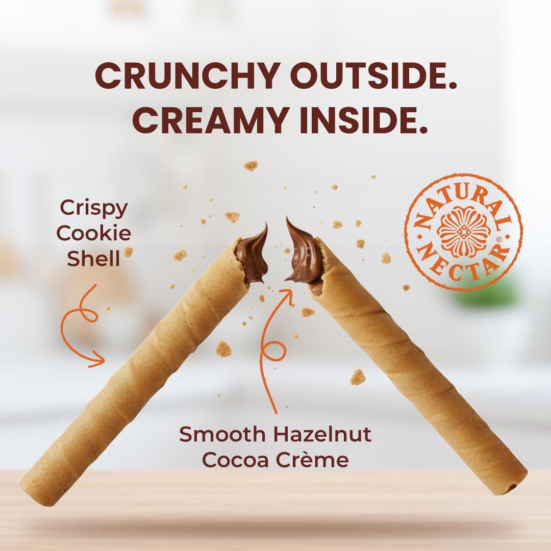 Natural Nectar Chocolate Hazelnut Filled Cookie Rolls 8.82 oz - Delicate Wafer Rolls Filled with Chocolate Hazelnut Crème; Crisp Snack for Parties