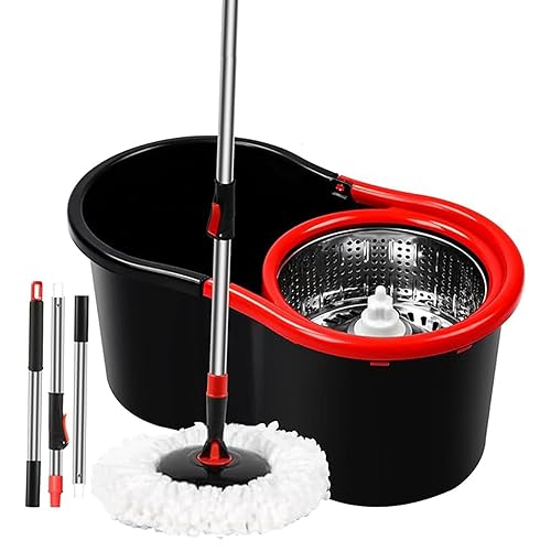 PULNDA Spin Mop and Bucket with Wringer Set, 360° Spinning Mop Bucket System with 1 Microfiber Mop Replacement Heads and 50" Stainless Steel