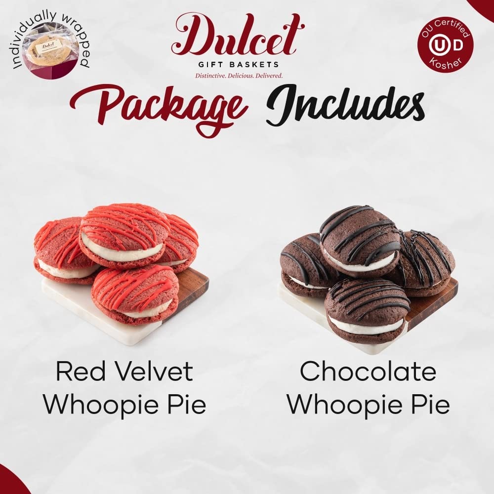 Dulcet Gift Baskets Chocolate and Red Velvet Whoopie Pie Tin Assortment, Cookie and Cream Snacks for a Holidays, Birthday, Sympathy, Get Well