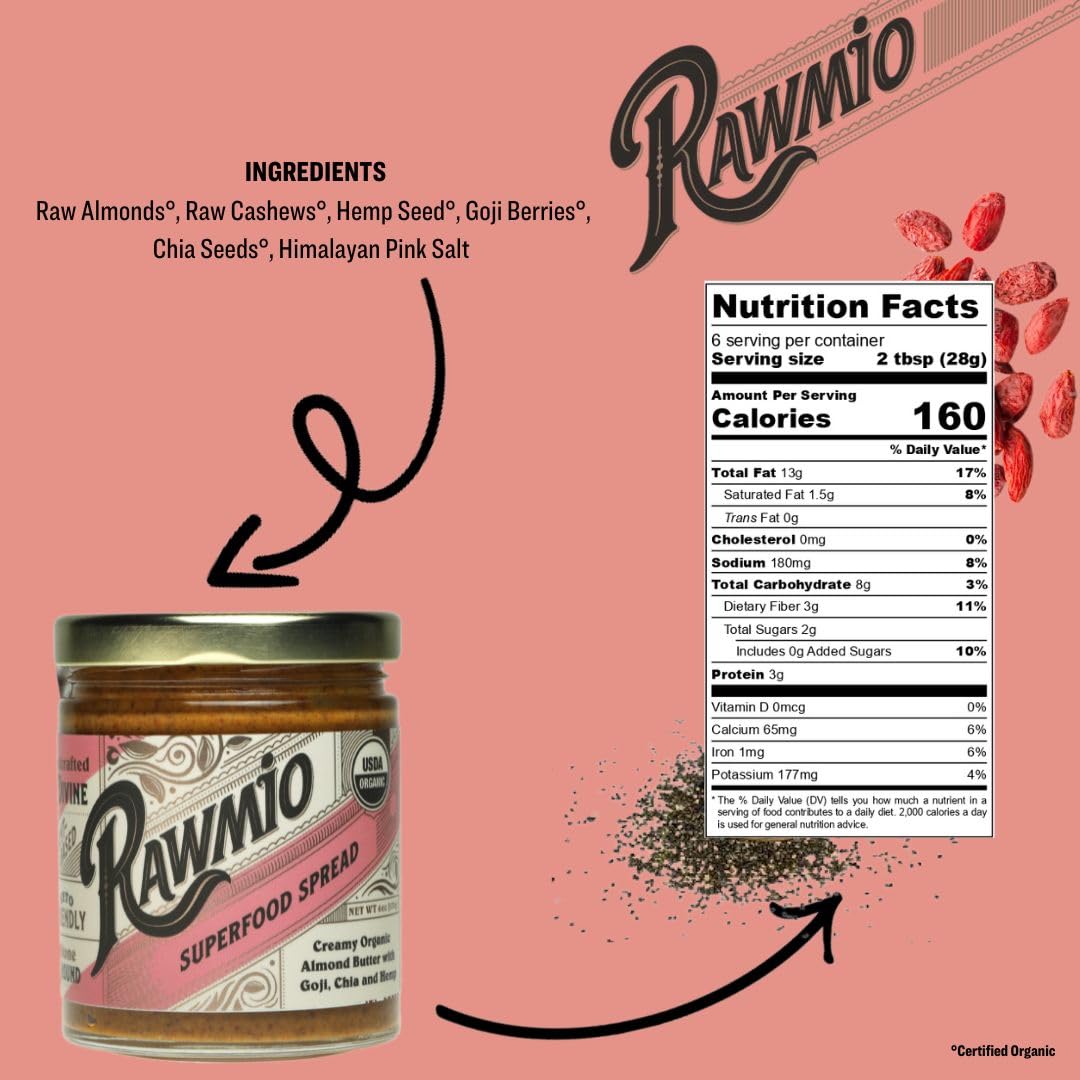 Rawmio Superfood Spread, 6 oz. Jar, 6 Serving per Jar - Raw, Organic, Vegan, Gluten-Free