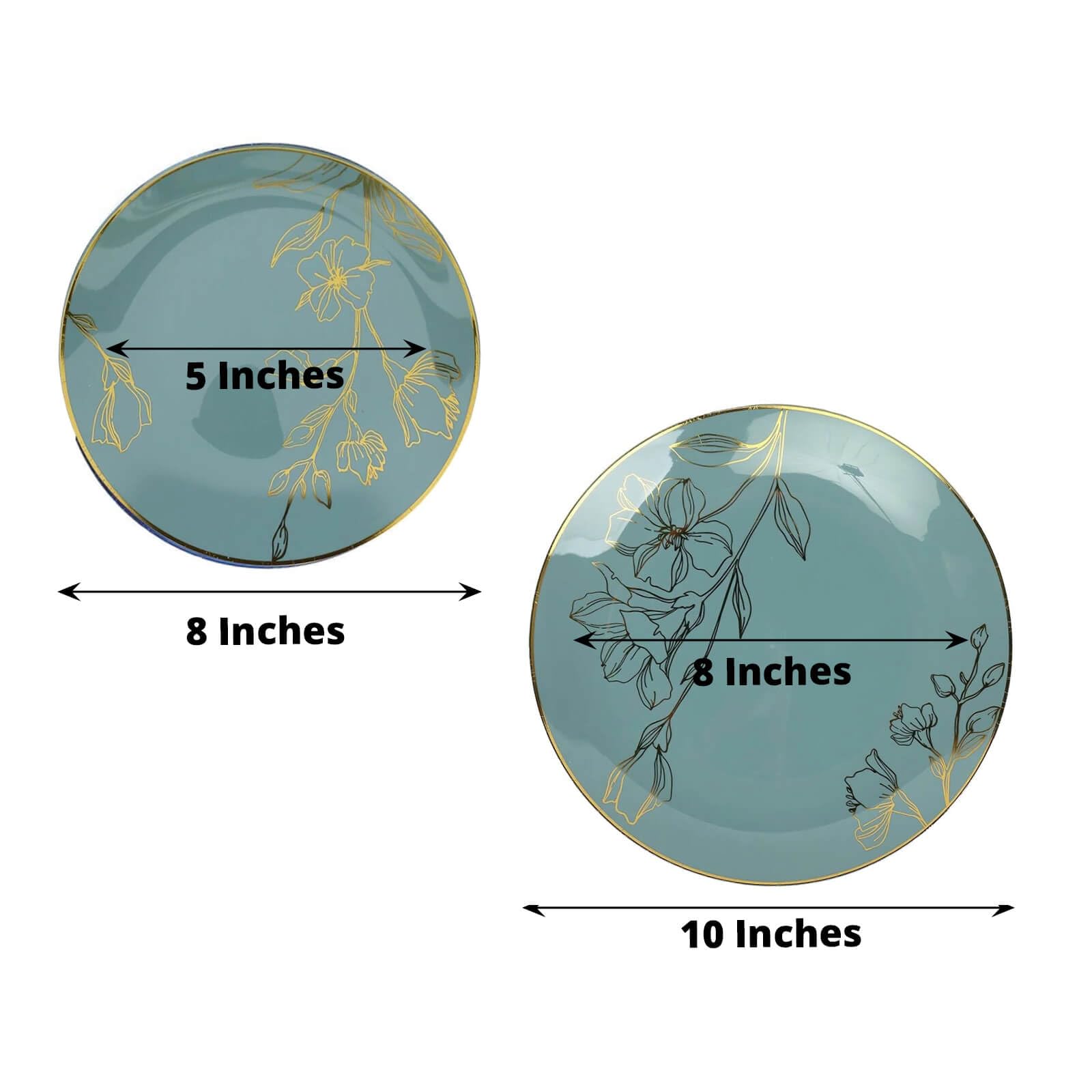 TCF Linen Dinner Plates Set for 50 Guests, Dusty Blue Plastic Party Plates With Metallic Gold Floral Design, 50x 8 inch inch Salad Plates + 50x 10