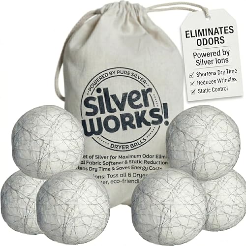 SilverWorks! Wool Dryer Balls Laundry Reusable - Odor Eliminating Dryer Laundry Balls with Silver Technology - Natural Fabric Softener and Static
