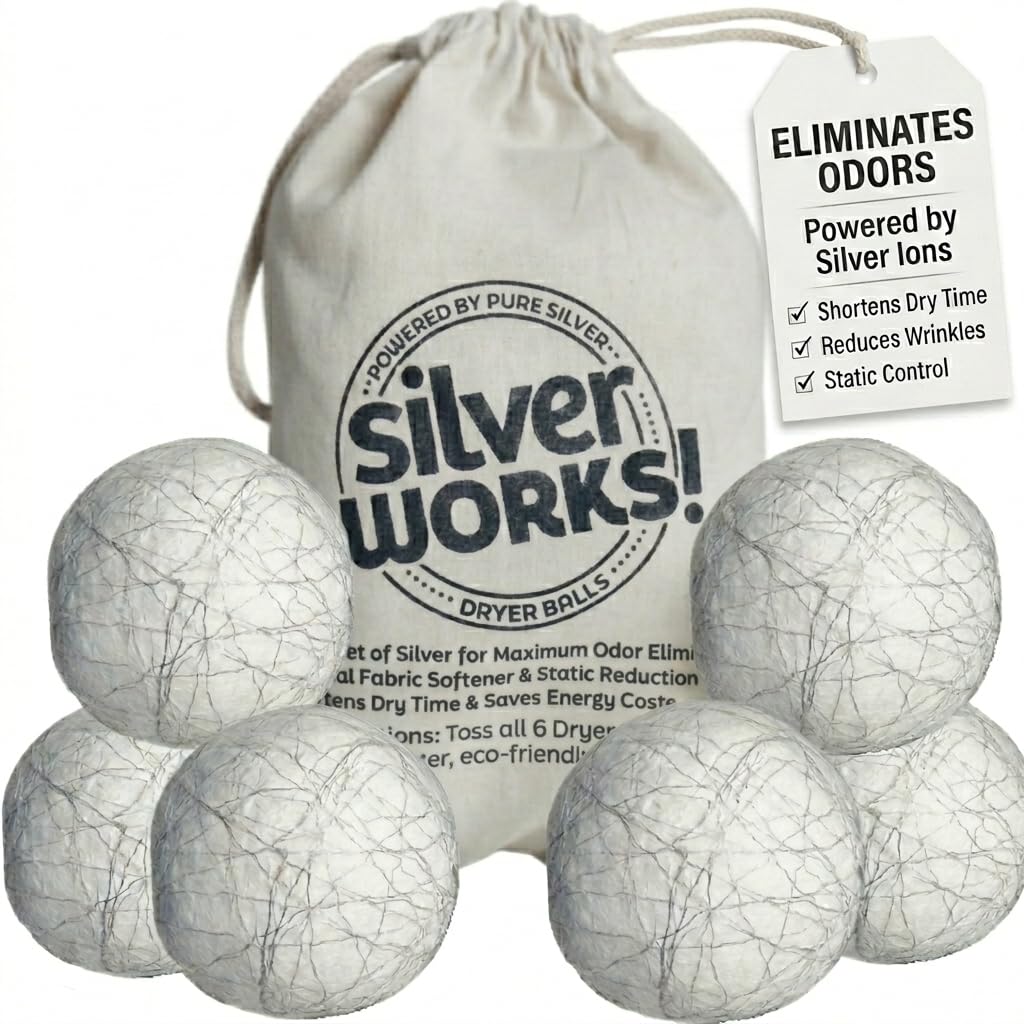 SilverWorks! Wool Dryer Balls Laundry Reusable - Odor Eliminating Dryer Laundry Balls with Silver Technology - Natural Fabric Softener and Static