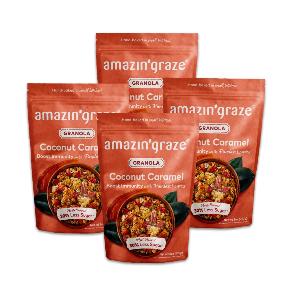 Coconut Caramel Granola with Prebiotics | Natural, Hand-Baked, Reduced Sugar, Rich in Iron | for Breakfast Cereal, Trailmix, Yogurt, Snack Food |