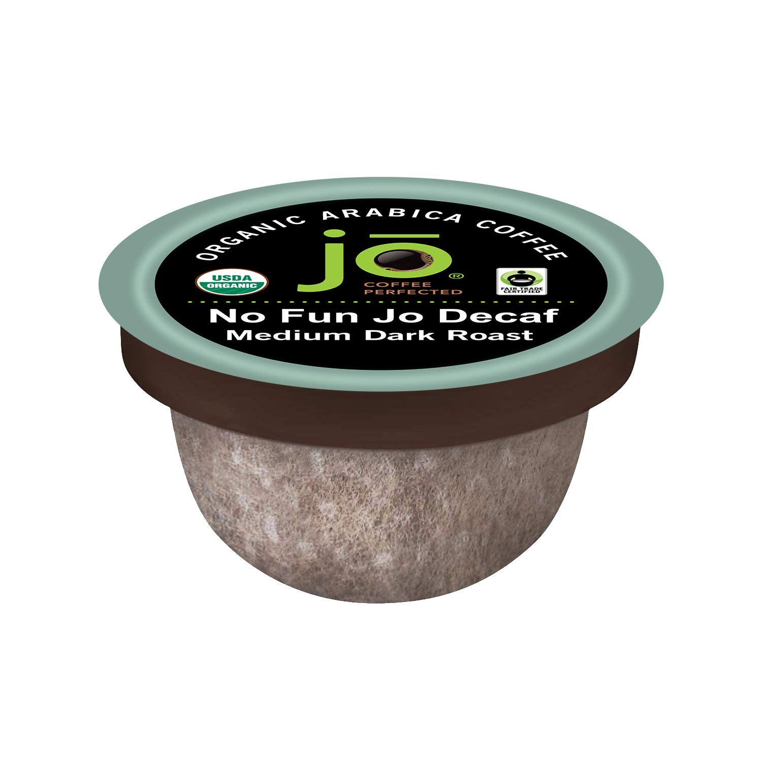 No Fun Jo Decaf: 12 Organic Compostable Pods for Keurig K-Cup Compatible Brewers, Swiss Water Process Eco-Friendly Single Serve Coffee Medium/Dark