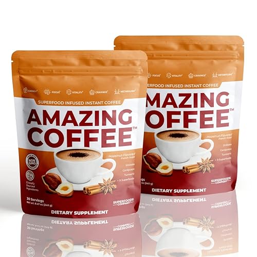 Superfoods Company | Amazing Coffee - Instant Coffee| Mushrooms, Superfoods - Hazelnut French Roast - Gluten Free, Non-GMO, Sugar Free, Vegan, Keto