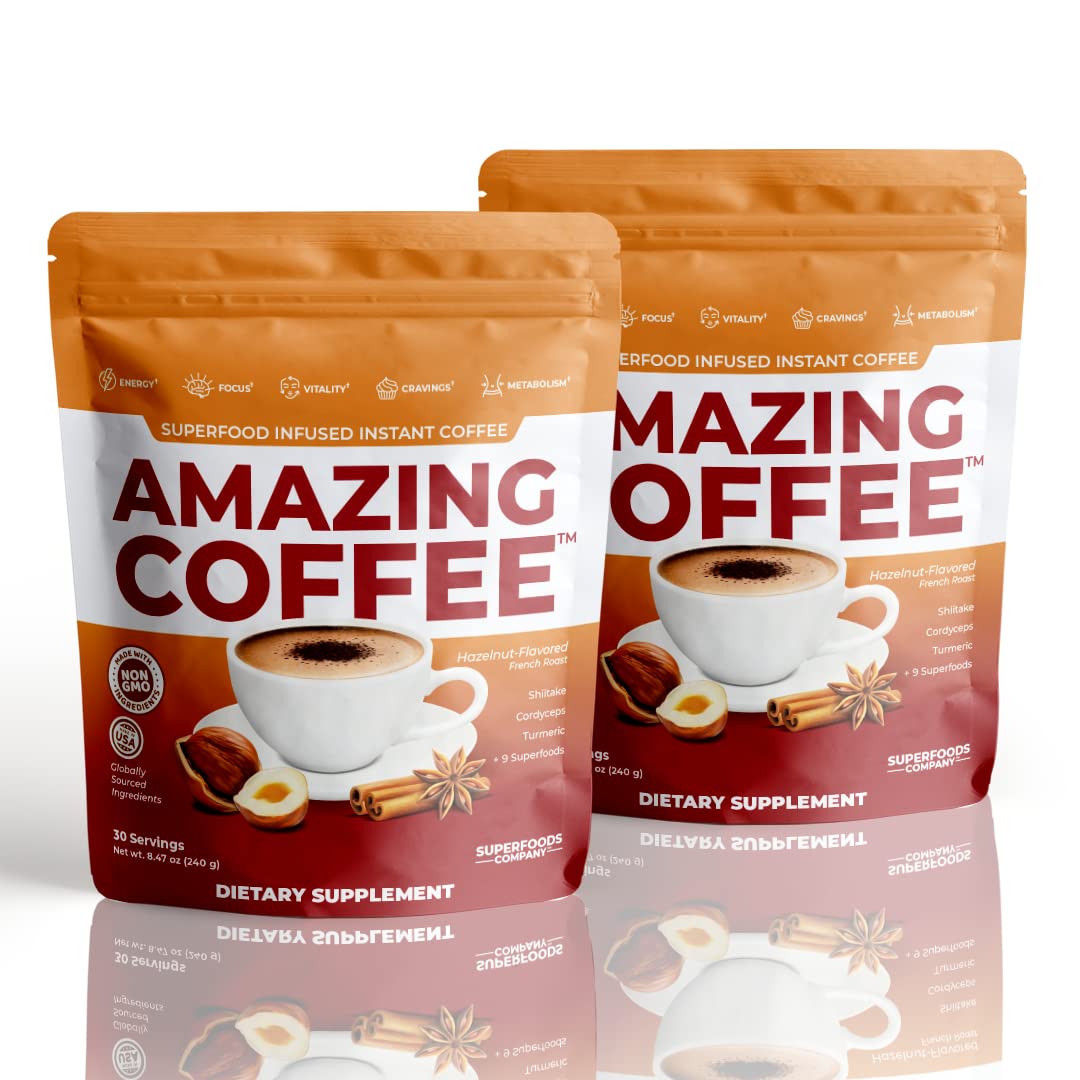 Superfoods Company | Amazing Coffee - Instant Coffee| Mushrooms, Superfoods - Hazelnut French Roast - Gluten Free, Non-GMO, Sugar Free, Vegan, Keto