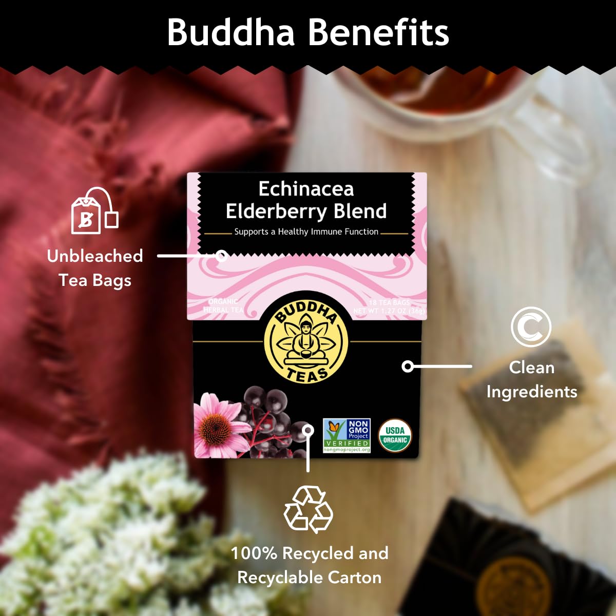 Buddha Teas - Organic Echinacea Elderberry Blend - Herbal Tea - For Health & Wellbeing - With Antioxidants & Minerals - Clean Ingredients - No