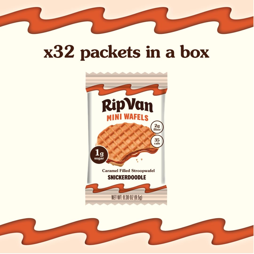 Rip Van Wafels Snickerdoodle Mini Stroopwafels - Low Carb, Low Sugar, Keto Friendly Snacks - Non-GMO, Healthy Office Snack & Breakfast Treat - 32 Pack