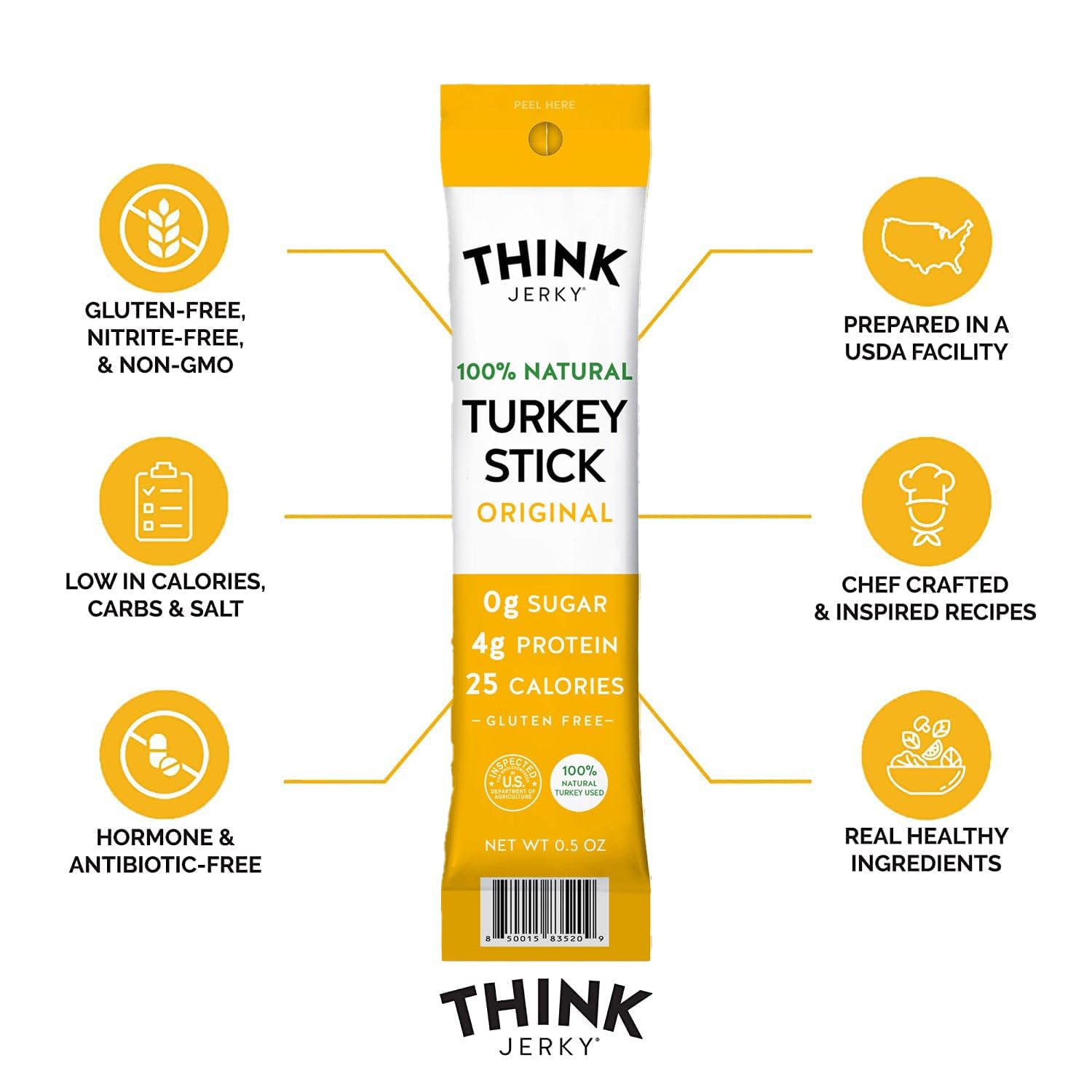 Think Jerky All-Natural Turkey Sticks, Gluten and Sugar Free, No Nitrates, Keto Paleo Friendly High Protein Low Carb Meat Snack - 0.5 oz Sticks, 20