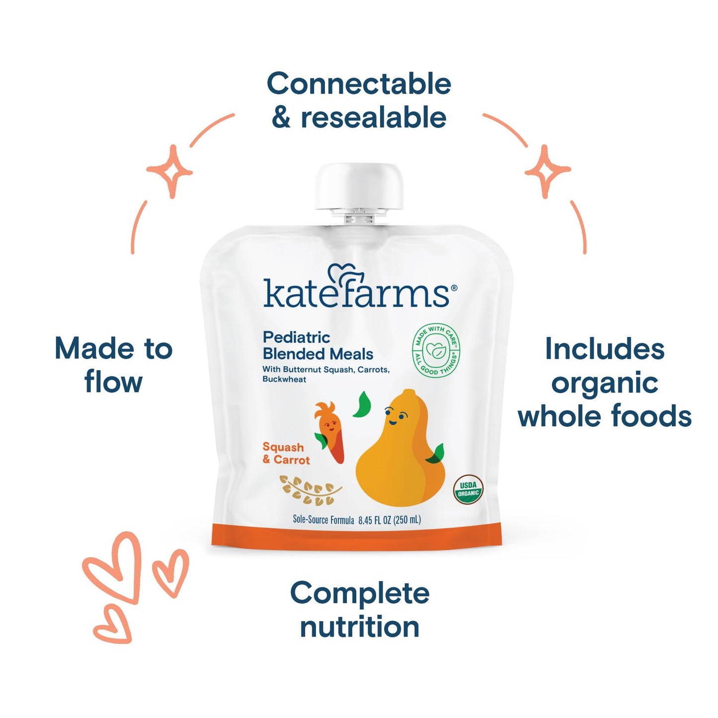 KATE FARMS Organic Pediatric Blended Meal, Squash and Carrot, 8g protein, organic whole foods, oral or tube feed nutrition, Gluten Free, Non-GMO, 8.45