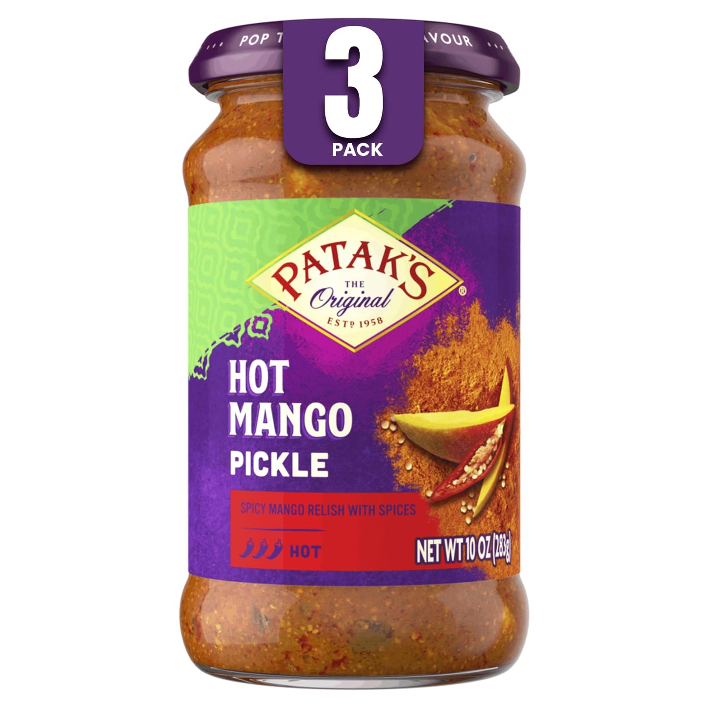 Patak’s Hot Mango Pickle - Authentic Indian Relish w/Mango Chunks, Mustard Seeds & Aromatic Spices - Perfect for Sandwiches, Salads & Cold Meats