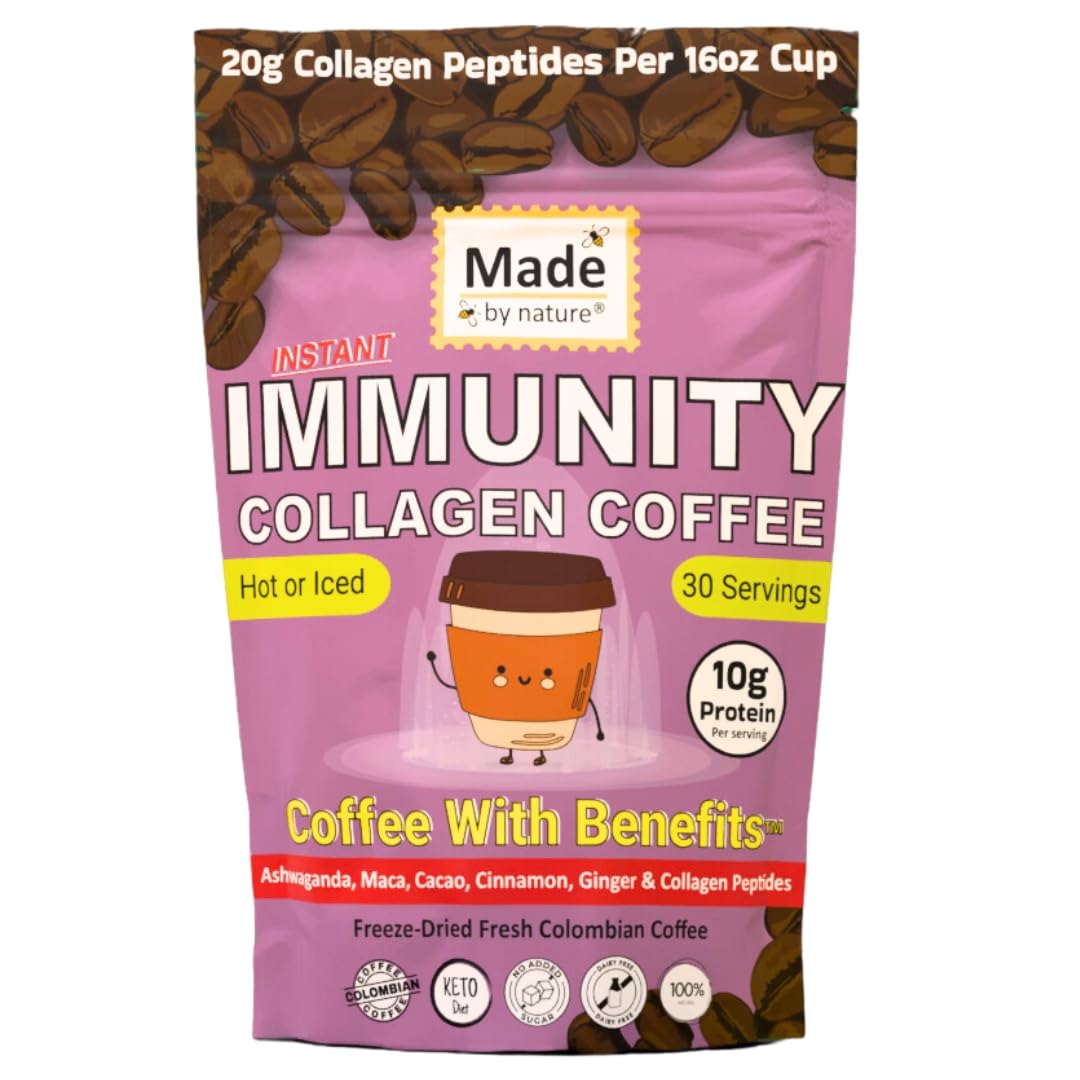 Made by Nature Immunity Collagen Protein Coffee | 30 Servings | Colombian Coffee | 10g Protein | Collagen Peptides | Skin, Joint, Muscle Support |