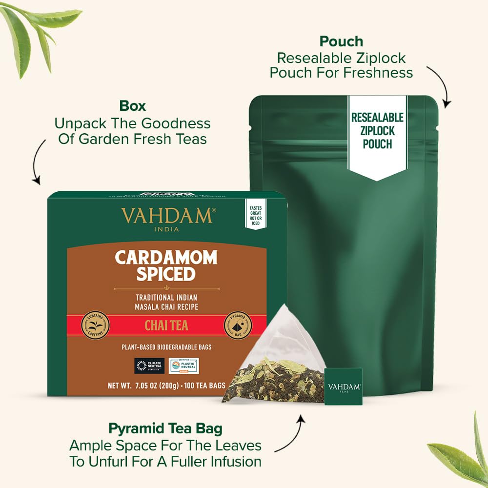VAHDAM, Cardamom Masala Chai Tea Bags (100 Count) Non GMO, Gluten Free, No Artificial Flavor | Blended w/Exotic Spices | Chai Tea | Resealable Ziplock