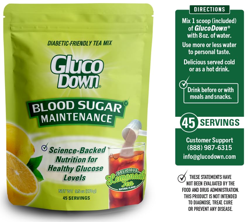 GLUCODOWN, Delicious Lemonade & Tea Mix, Patent Pending Dietary Fiber Formula for Maintenance of Healthy Blood Sugar & Cholesterol, 45 Servings.