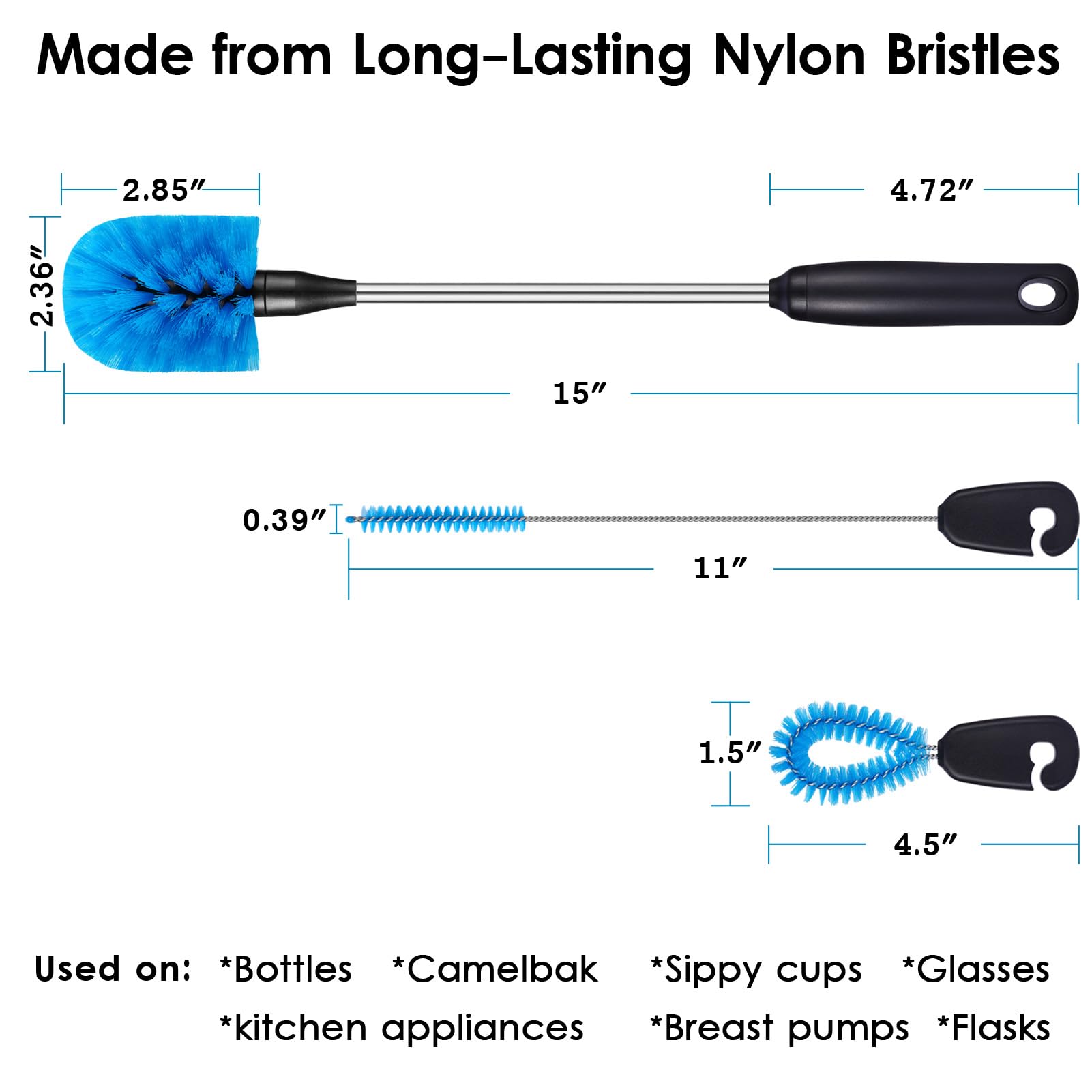 MOSOLAN 3-in-1 Stainless Steel Bottle Brush and Straw Cleaning Set, Long Handle Scrub Brush with Replaceable Head for Water Bottles, Glasswares, Mugs