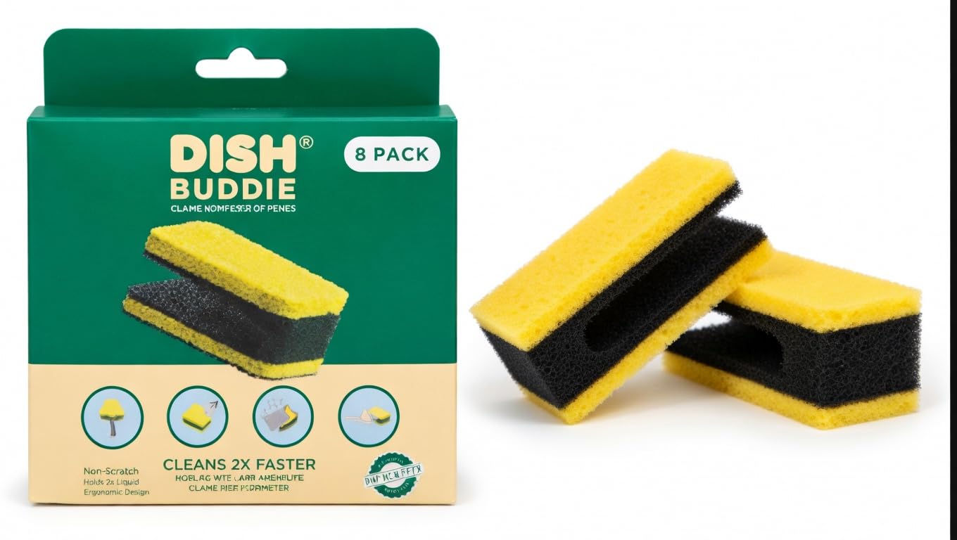 Dish Buddie Kitchen Sponge for Washing Dishes 2X Faster. Easy Grip. Dish Sponges Wash Both Sides of Dishes Simultaneously Safely Wash Knives. (8