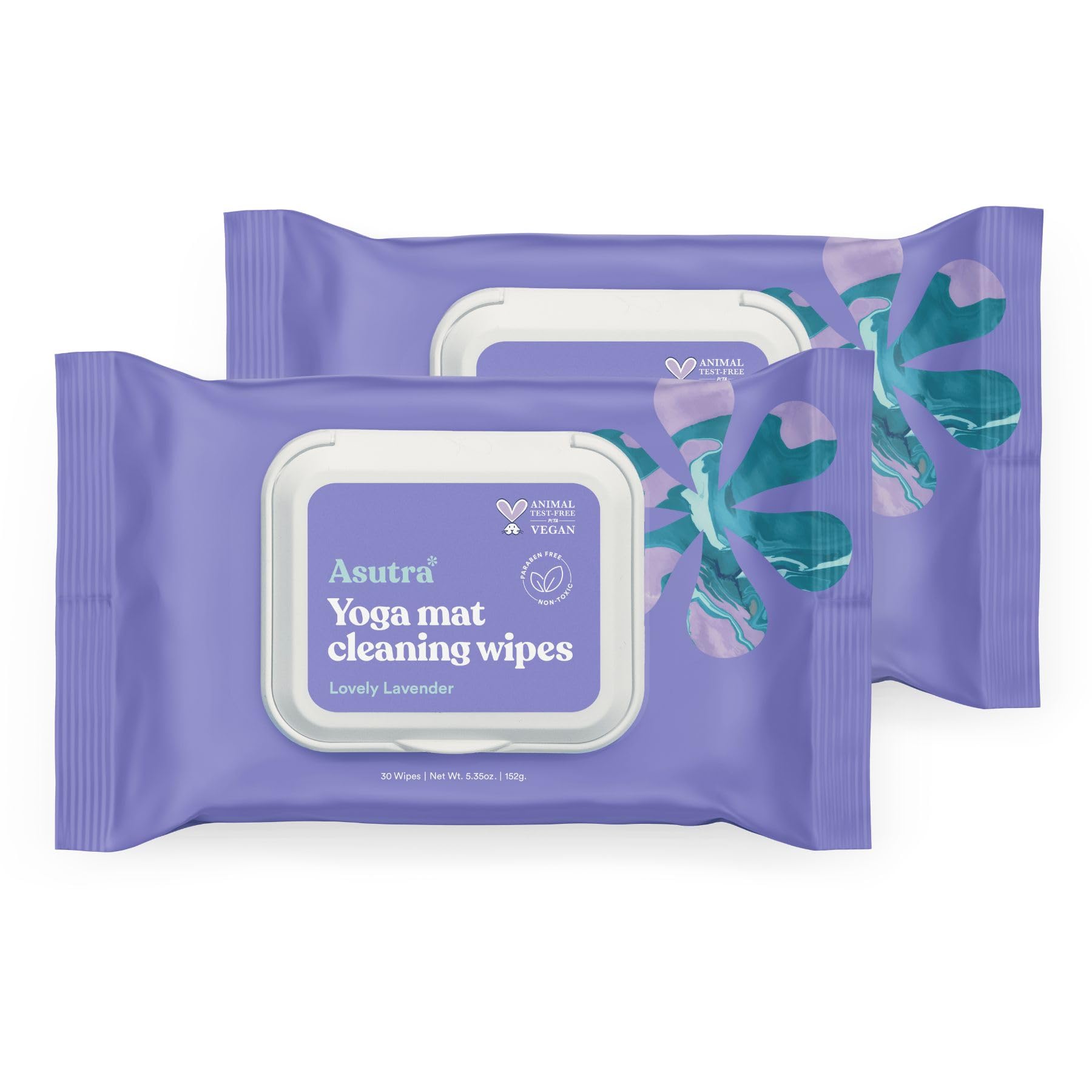 ASUTRA Yoga Mat Cleaning Wipes (Lovely Lavender), 2 Pouches (30 Wipes Each) - No Slippery Residue, Deep-Cleansing for Fitness Gear & Gym Equipment