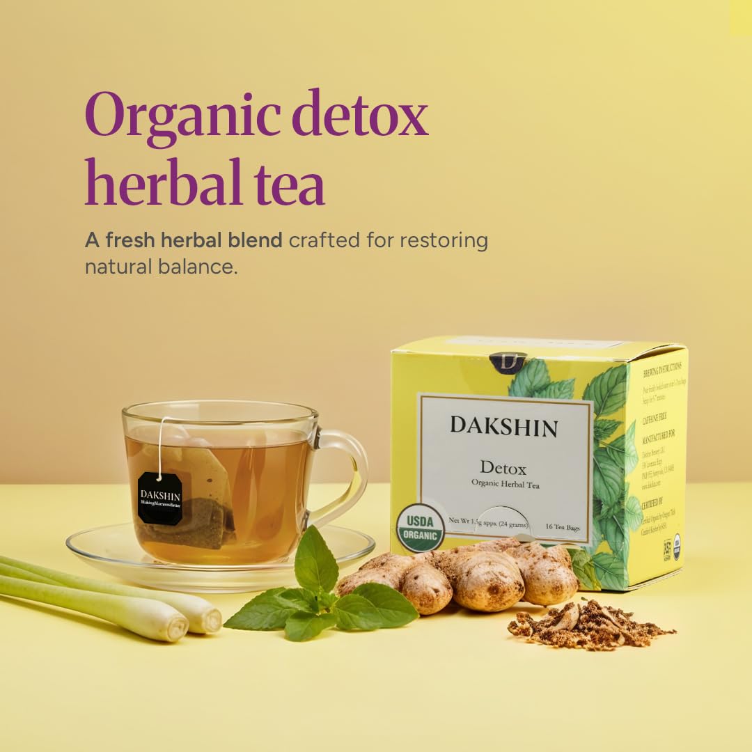 DAKSHIN Organic Detox Tea Bags | Lemongrass, Tulsi, Echinacea, Dandelion & Ginger | Naturally Cleansing Daily Wellness Tea | Caffeine-Free | USDA