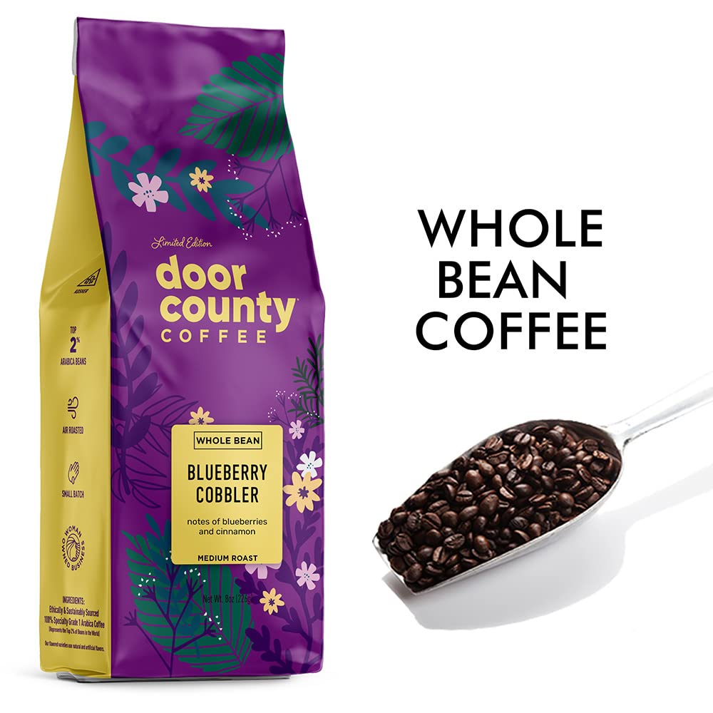 Door County Coffee Blueberry Cobbler, Flavored Whole Bean - 8 oz Bag - Spring-Summer Seasonal - Medium Roast - 100% Specialty Arabica - Blueberry