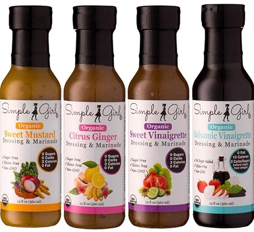 Simple Girl Organic Salad Dressing Variety - Sweet Vinaigrette, Balsamic Vinaigrette, Sweet Mustard and Citrus Ginger - Sugar Free Dressings, Low/No