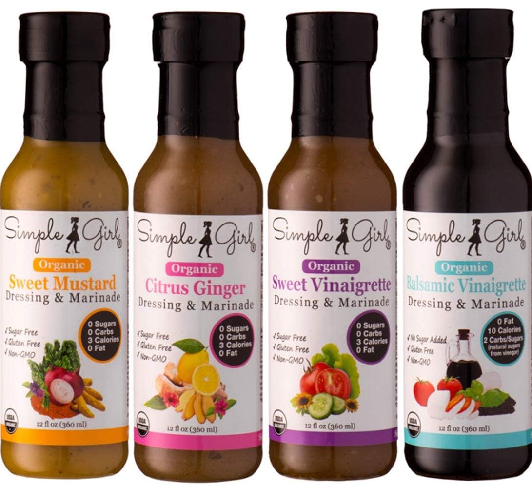 Simple Girl Organic Salad Dressing Variety - Sweet Vinaigrette, Balsamic Vinaigrette, Sweet Mustard and Citrus Ginger - Sugar Free Dressings, Low/No