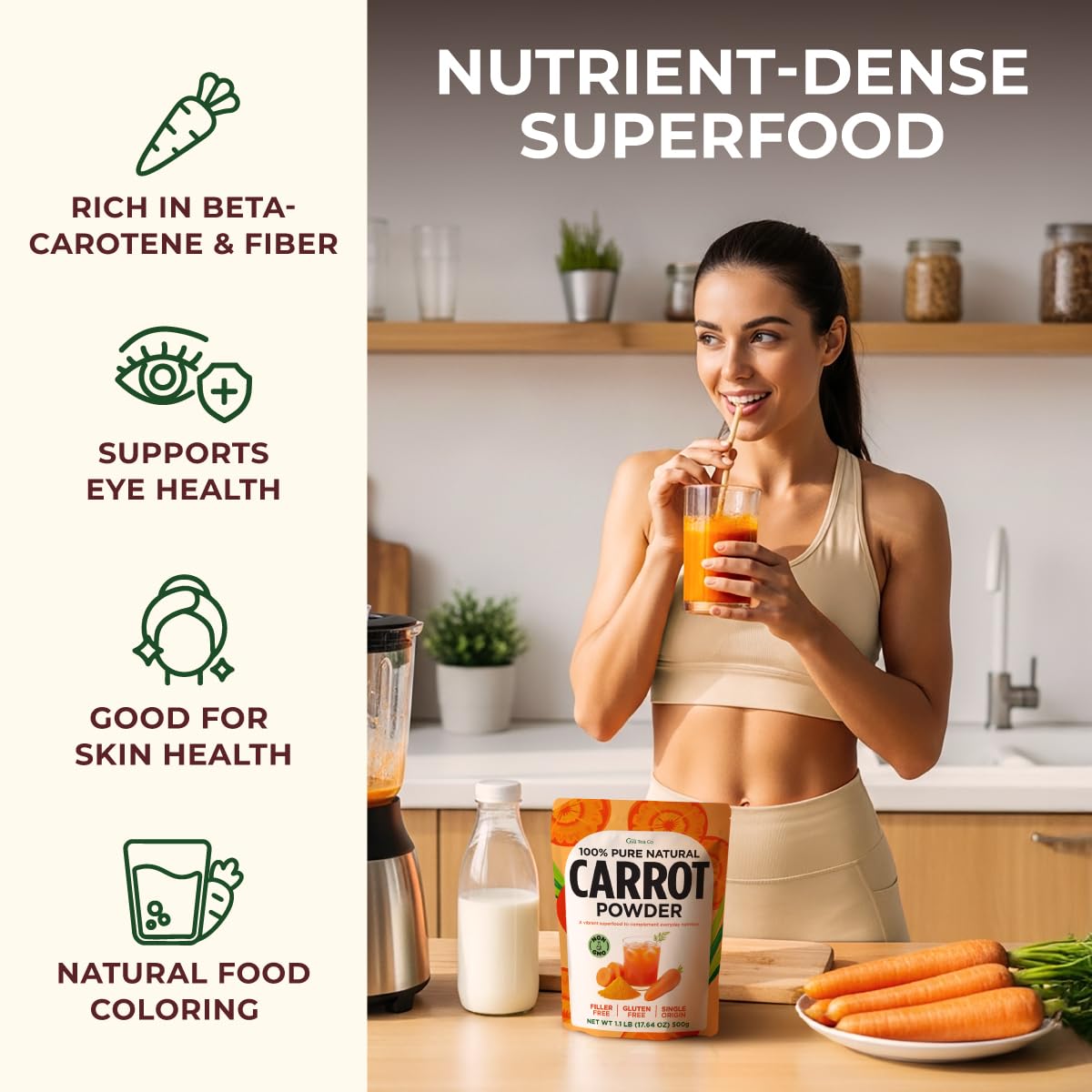 Gya Tea Co Carrot Powder 1.1 lb (17.64 oz) - Made from Carrot Juice for Flavor, Juices, Smoothies & Baking - Natural Superfood Powder for Vision