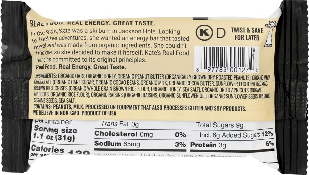 KATES REAL FOOD Organic Peanut Butter Milk Chocolate Tram Bar 12 Count, 2.2 OZ