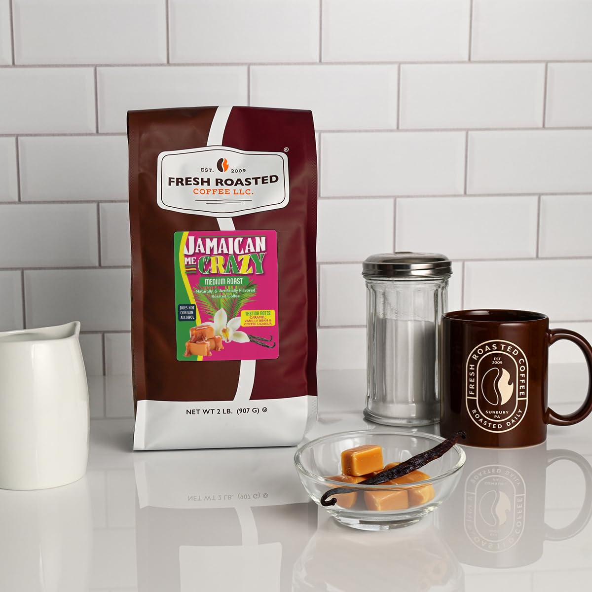 Fresh Roasted Coffee, Jamaican Me Crazy Flavored Drip Ground Coffee, Medium Roast, Kosher, 2 lb (32 oz)