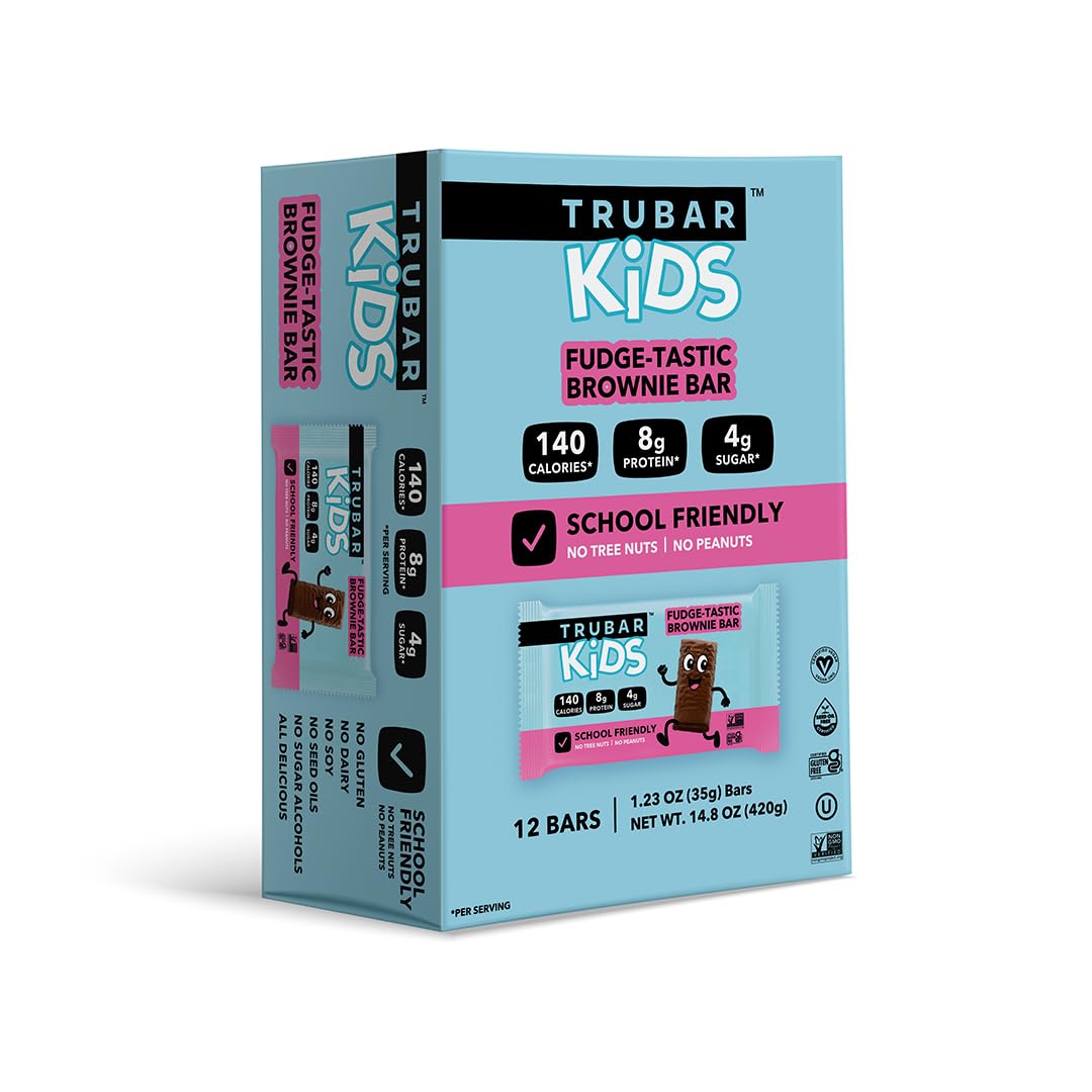 TRUBAR Kids Protein Bars, Fudge-Tastic Brownie, Plant Based Protein, Gluten Free School-Friendly Snacks for Lunchboxes, Tree Nut and Peanut Free, Low