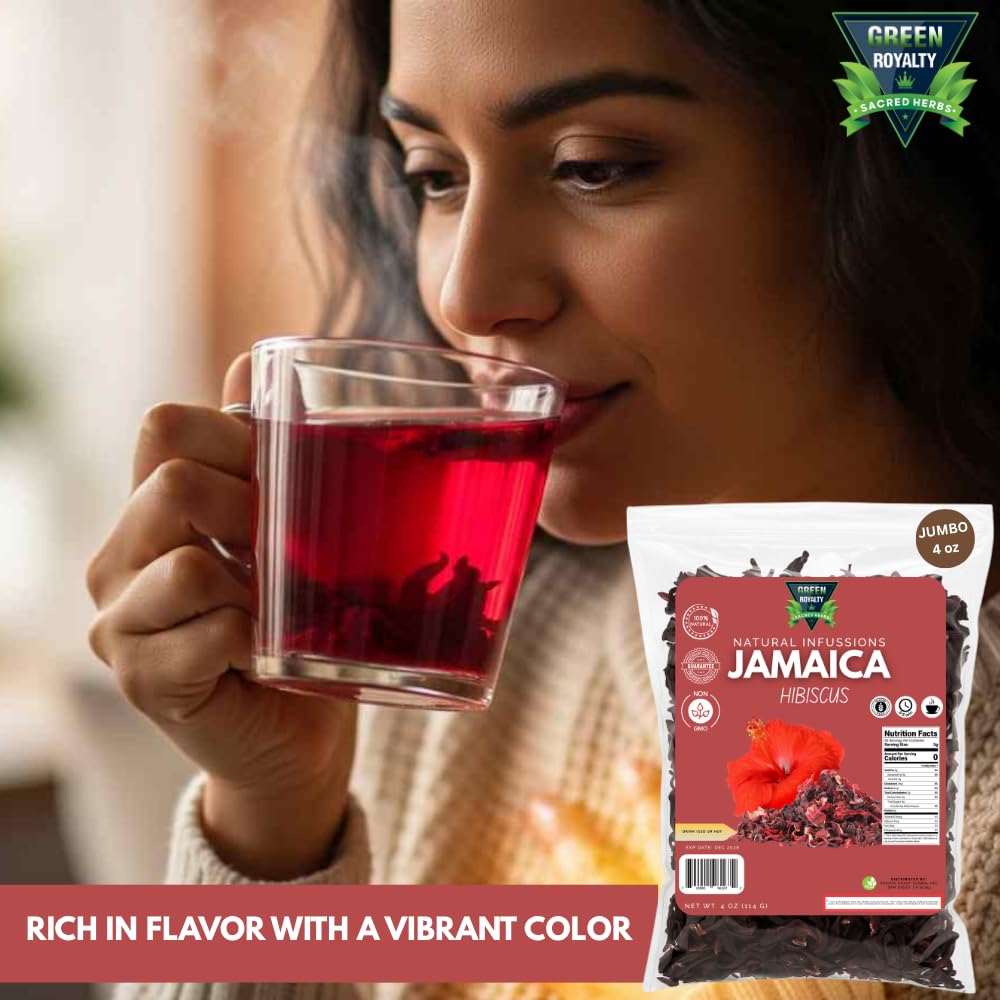 Green Royalty Jamaica (Hibiscus) 4 oz - 100% Natural Dried Hibiscus Flowers - Non-GMO, Gluten-Free, Caffeine-Free Herbal Infusion - Perfect for Hot or