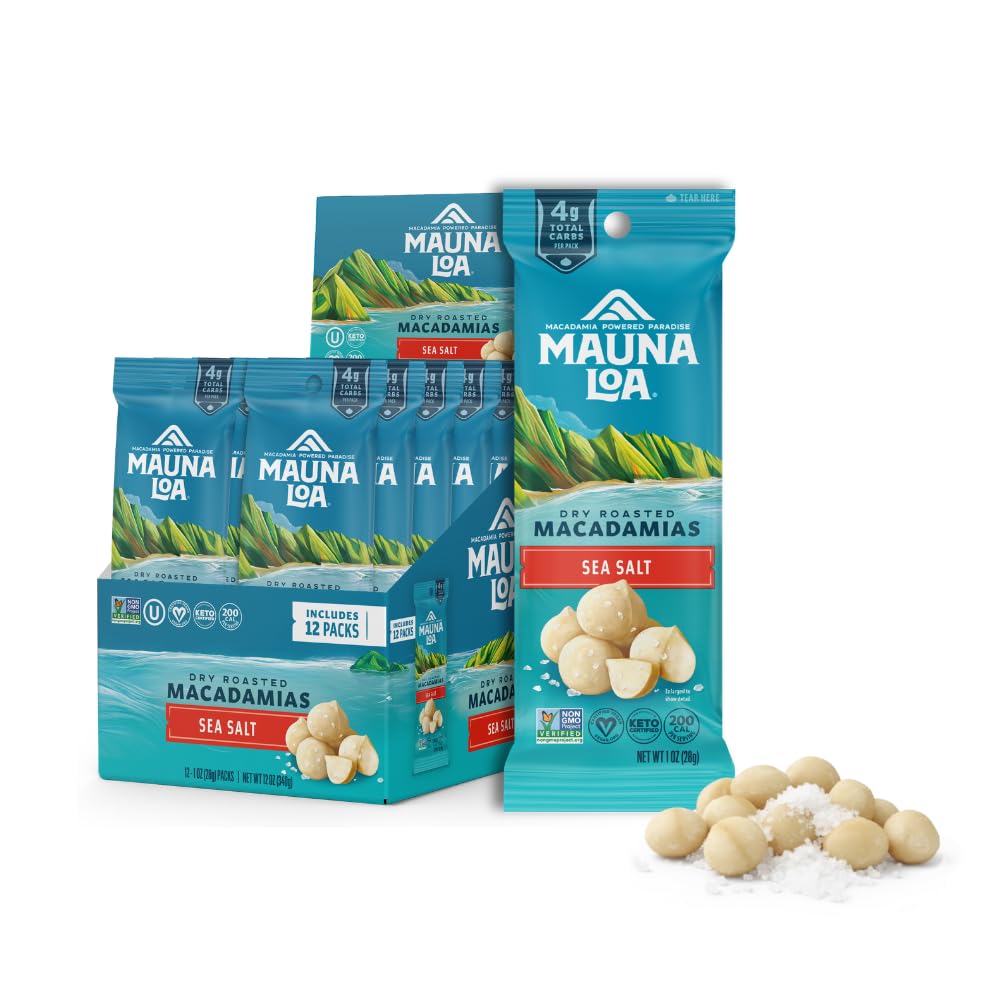 Mauna Loa Sea Salt Roasted Macadamia Nuts, 12 Pack of 1 oz Single Serve Snack Bags, Keto Friendly, Gluten Free, Healthy Snack