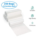 33 Gallon Clear Garbage Can Liners, 250 Count - 30-40 Gallon Large Trash Can Liners - High Density, Thin, Lightweight, 10 Microns -For Office, Home