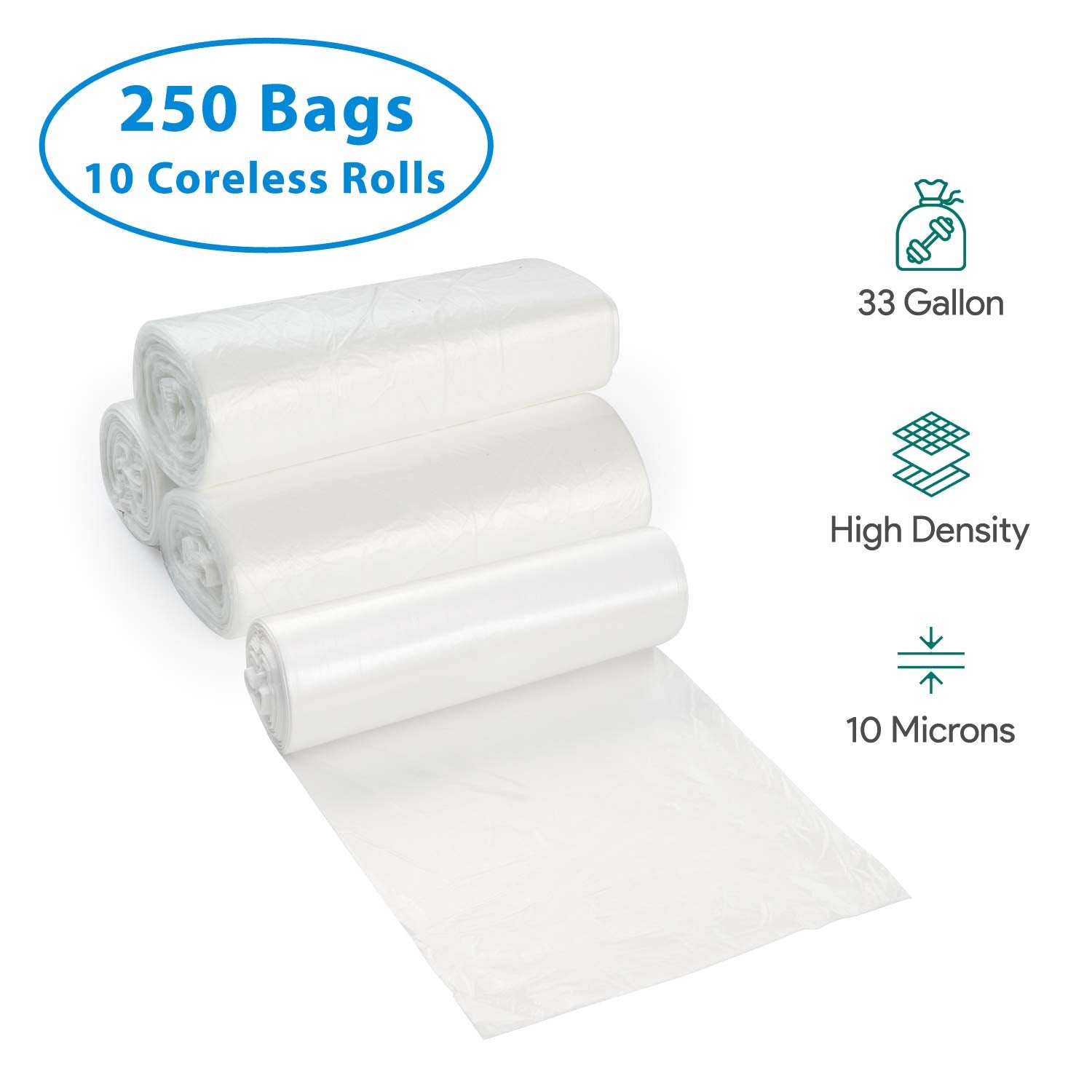 33 Gallon Clear Garbage Can Liners, 250 Count - 30-40 Gallon Large Trash Can Liners - High Density, Thin, Lightweight, 10 Microns -For Office, Home