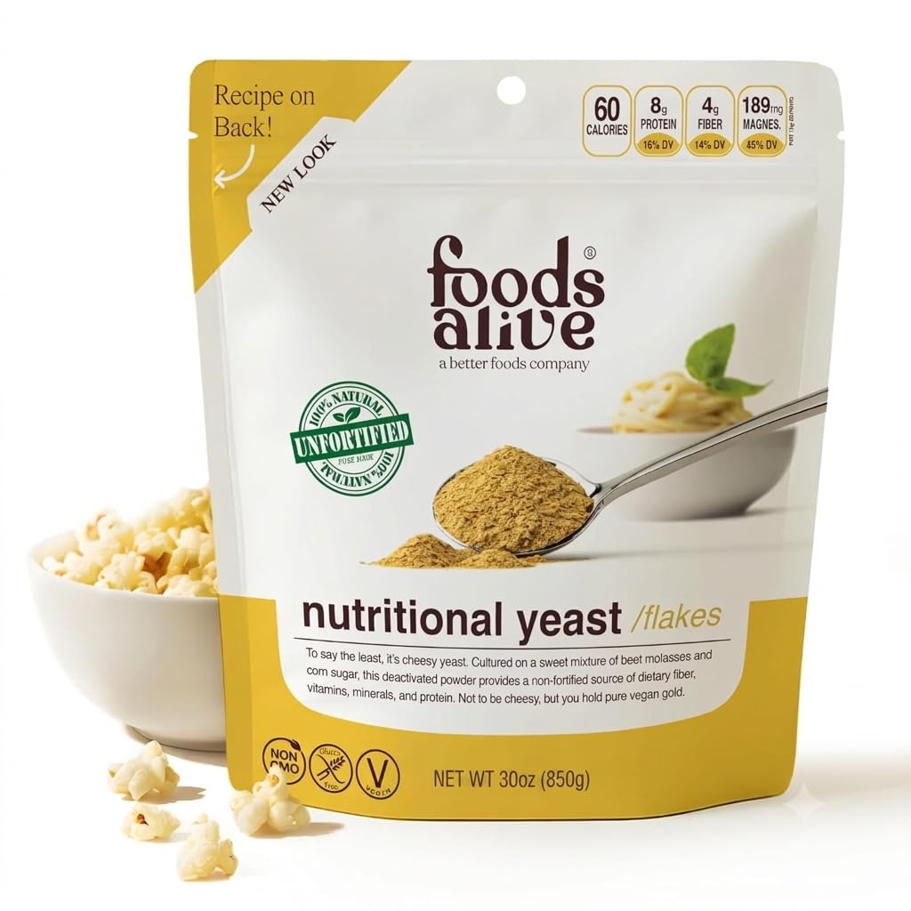 Foods Alive | Non-Fortified Premium Nutritional Yeast Flakes | 30-oz | Unfortified Vegan Cheese Powder Seasoning