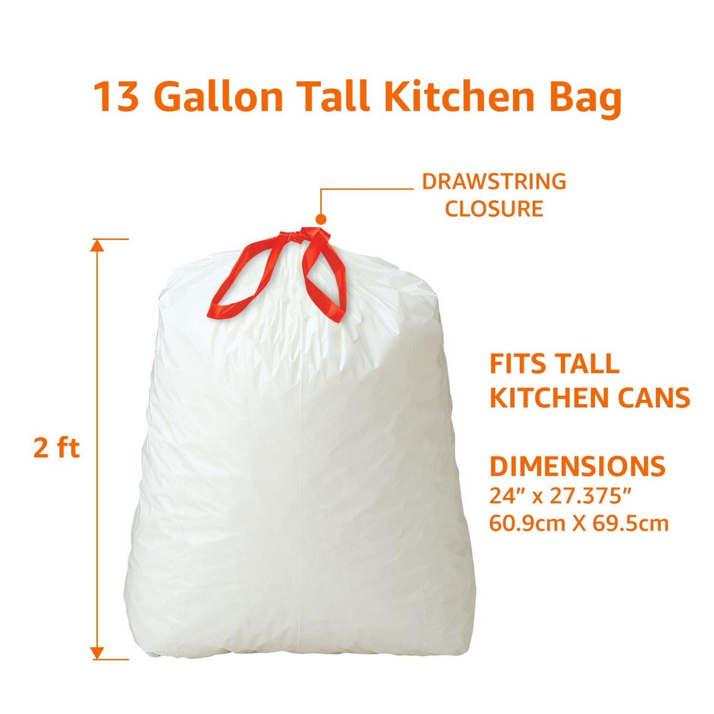 Amazon Basics Tall Kitchen Drawstring Trash Bags, Sturdy and Tear Resistant, 13 Gallon, Unscented, 120 Count
