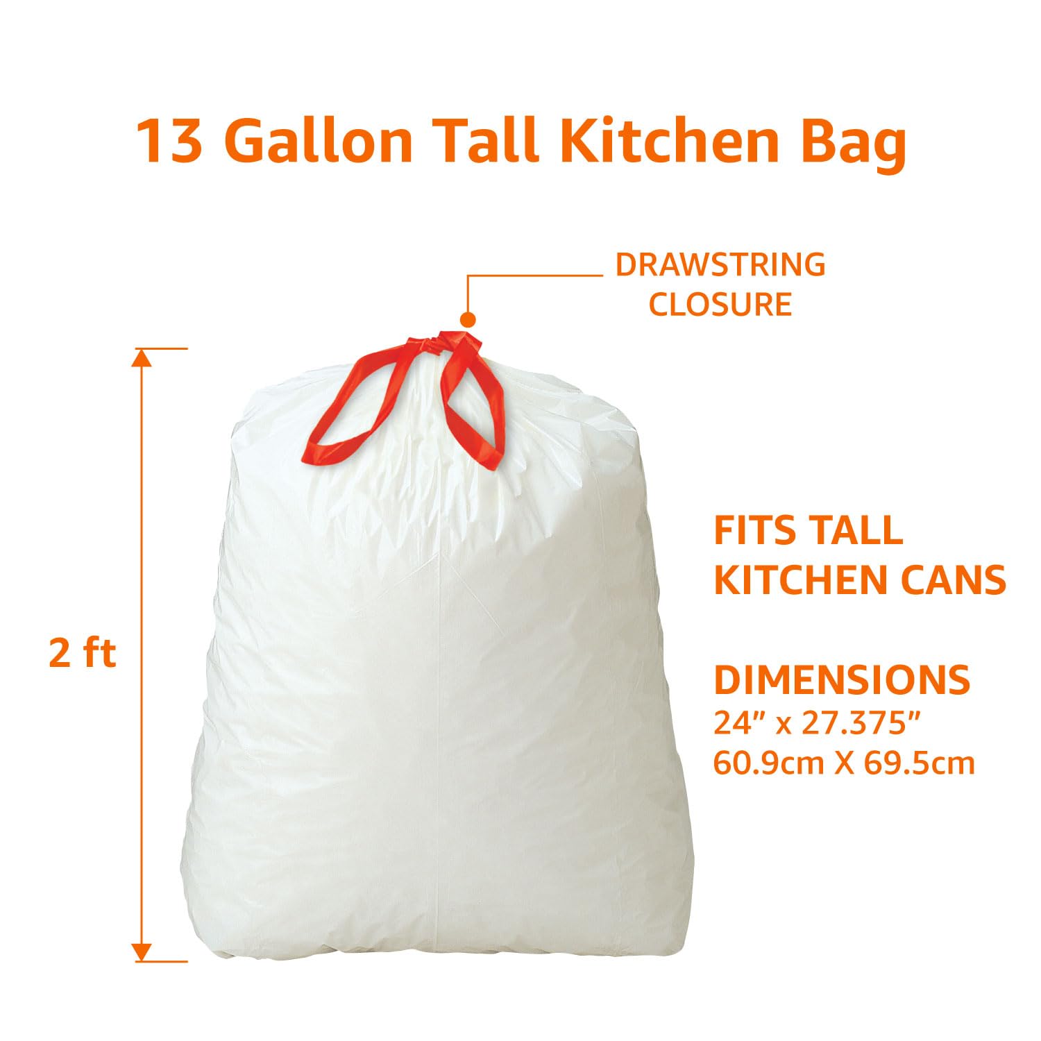 Amazon Basics Tall Kitchen Drawstring Trash Bags, Sturdy and Tear Resistant, 13 Gallon, Unscented, 120 Count