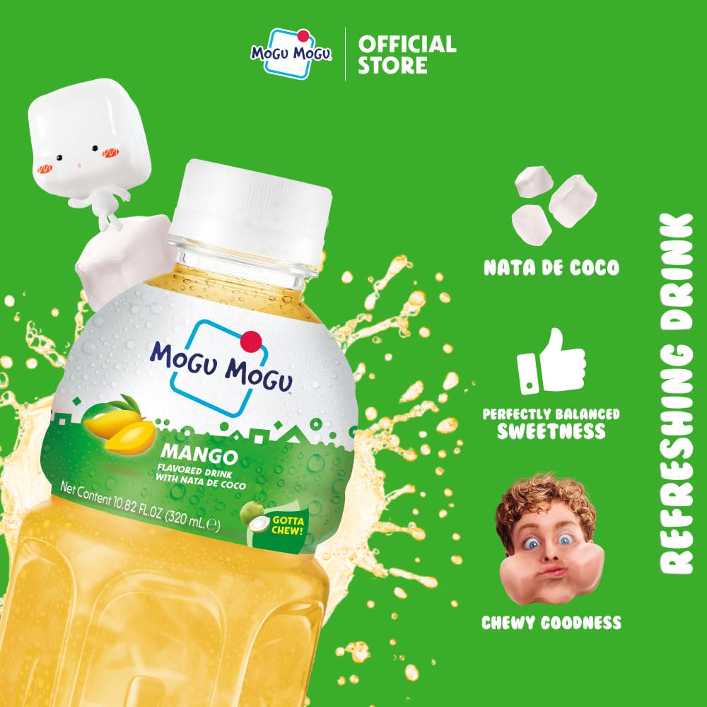 Mogu Mogu Mango Juice Drink with Nata de Coco (Coconut Jelly) - Chewy Fruit Beverage for Kids & Adults, 6 Pack Bottles, 10.82 fl oz Each