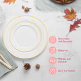 Prestee 50-Piece Disposable Plates Set - White with Gold Rimmed Plastic Plate for Parties, Holidays, Weddings - Includes 25 Dinner Plates and 25 Small